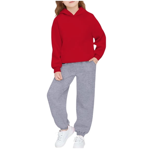 vdgthytj Unisex Kids 2 Piece Sweatsuits Hooded Sweatshirts and Jogger Pants Solid Fall Winter Athleisure Outfits(2-3 years,Red)