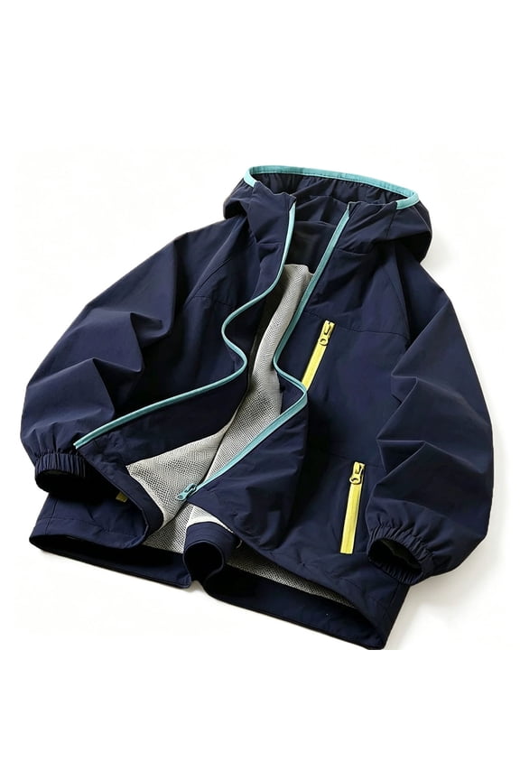 Unisex Kids Clothes Long Sleeve Rain Jacket Full Zip Waterproof Contrast Edge Hooded Fall Hiking Outdoor Coats with Zip Pockets