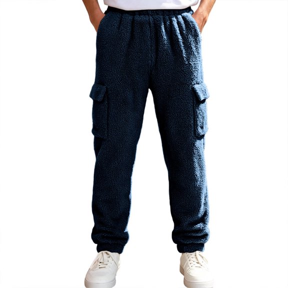 vdgthytj Unisex Kids Loungwear Fuzzy Pants Elastic High Waist Warm Comfy Joggers Winter Casual Trousers with Cargo Pockets(7-8 Years,Navy)