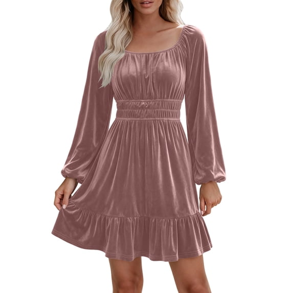 Pink Ruffle Dress Design vdgthytj Velour Dresses for Women Square Neck Puff Long Sleeve Smocked ...