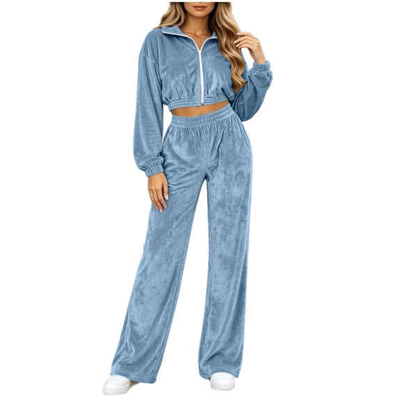 vdgthytj Velour Tracksuit Womens 2 Piece Long Sleeve Full Zip Lapel Collar Cropped Jackets Wide Leg Pants Fall Winter Athleisure Outfits(X-Large,Sky Blue)