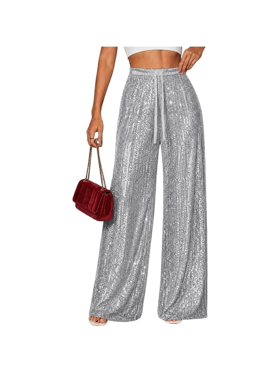 Wide Leg Pants for Women Drawstring High Waist Baggy Sequin Sparkly Trousers for Party Evening(Small,Silver)