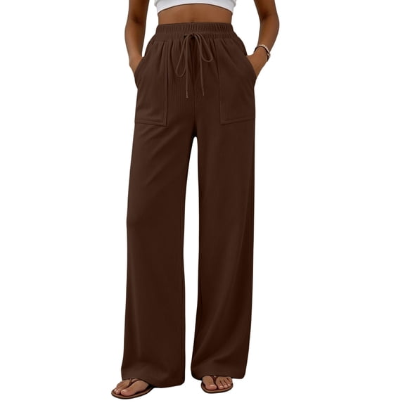 vdgthytj Wide Leg Pants for Women Drawstring High Waist Loose Casual Ribbed Fall Corduroy Trousers with Pockets(Large,Coffee)
