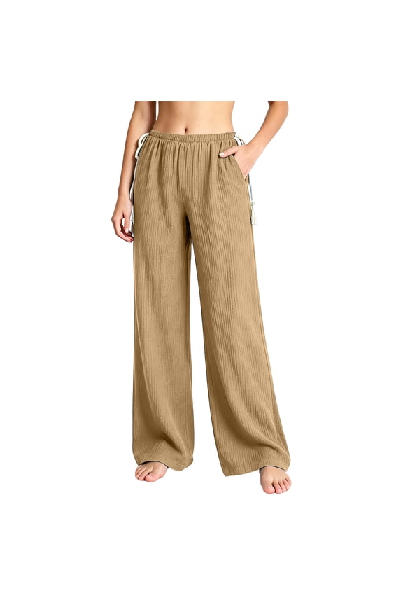 Wide Leg Pants for Women Elastic High Waist Loose Fitted Side Tassel Drawstrings Ribbed Casual Trousers with Pockets(Medium,Khaki)