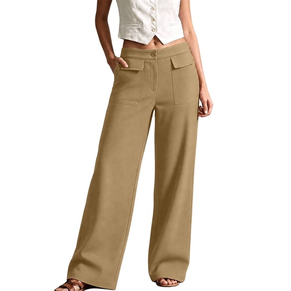 vdgthytj Wide Leg Pants for Women Hiigh Waist Solid Fashion Casual Trousers with Flap Patch Pockets(Small,Khaki)