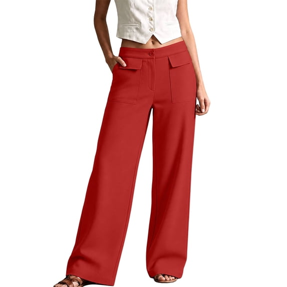 vdgthytj Wide Leg Pants for Women Hiigh Waist Solid Fashion Casual Trousers with Flap Patch Pockets(Small,Red)
