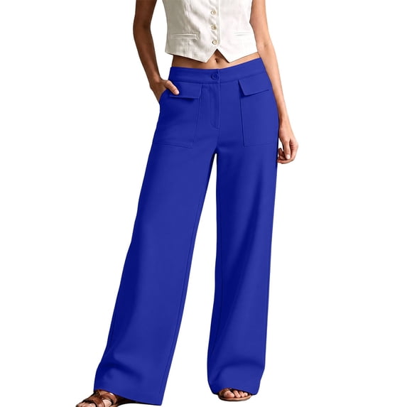 vdgthytj Wide Leg Pants for Women Hiigh Waist Solid Fashion Casual Trousers with Flap Patch Pockets(X-Large,Blue)