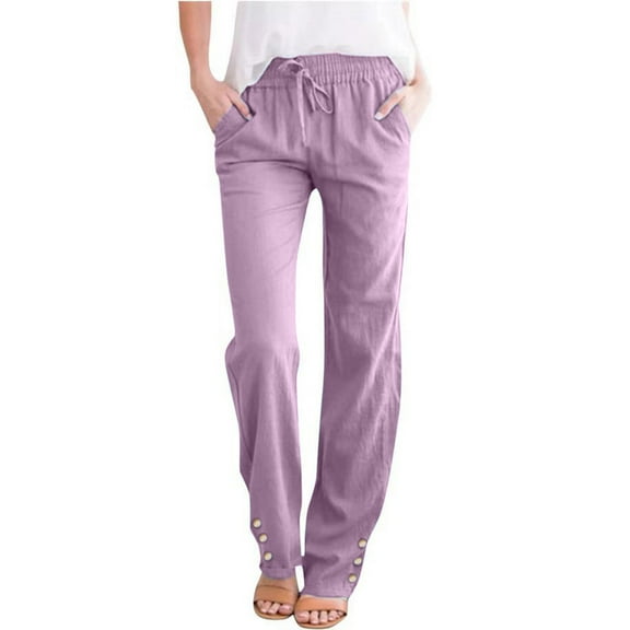vdgthytj Women Cotton Linen Palazzo Pants Elastic High Waist Drawstring Trousers Solid Color Loose Pants with Pockets