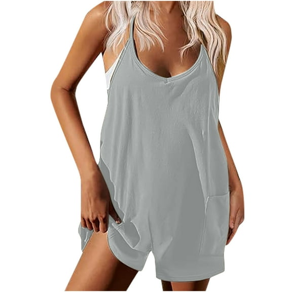 vdgthytj Women Jumpsuits Summer Casual Sleeveless Backless Loose Deep V Neck Adjustable Spaghetti Strappy Rompers with Pockets