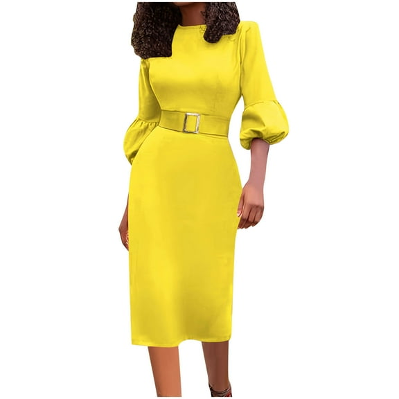 vdgthytj Women Plus Size Pencil Dress Elegant 3/4 Puff Sleeve Wedding Guest Cocktail Party Midi Dresses with Belt