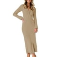 thumbnail image 1 of vdgthytj Women Ribbed Knit Maxi Dresses Long Sleeve V Neck Casual Sweater Dress Sexy Twisted Pleated Bodycon Midi Dress, 1 of 5