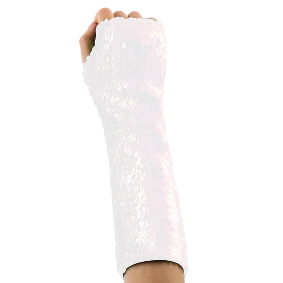 vdgthytj Women Sequin Fingerless Arm Cuffs Long Sparkly Handwear for Party Nightclub Stage Performance(21CM,White)