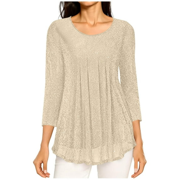 vdgthytj Women's 3/4 Sleeve Sequin Tops Casual Crewneck Pleated Mesh Layered Sparkly Tunic Shirts Dressy Blouses
