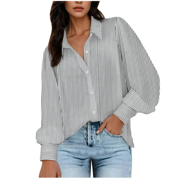 vdgthytj Women's Button down Shirts Striped Lantern Long Sleeve Blouse Casual Loose Work Office Tops