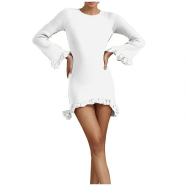 vdgthytj Women's Flared Long Sleeve Mini Dress Crew Neck Ruffle Hollow out Knit Dresses Solid Color Casual Comfy Dress