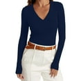thumbnail image 1 of vdgthytj Women's Long Sleeve Shirts Ribbrd Knit V Neck Casual Slim Fitted Top Fall Trendy Going out Basic Tee, 1 of 8