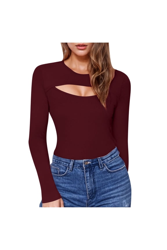 Women's Long Sleeve Shirts Trendy Cutout Crewneck Basic Tee Tops Slim Fitted Fall Going out Blouses