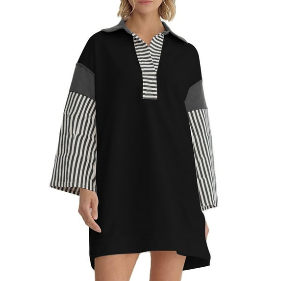 vdgthytj Women's Long Sleeves Dresses Lapel V-Neck Striped Casual Mini Dress Loose Fashion Comfy T-Shirt Dress