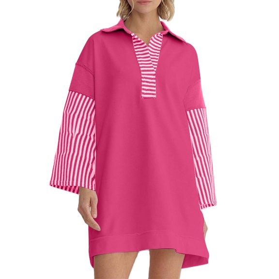 vdgthytj Women's Long Sleeves Dresses Lapel V-Neck Striped Casual Mini Dress Loose Fashion Comfy T-Shirt Dress
