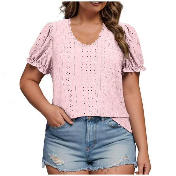 vdgthytj Women's Plus Size Tunic Top Crewneck Ruffle Short Sleeve Eyelet Shirts Casual Summer Dressy Blouse Tees