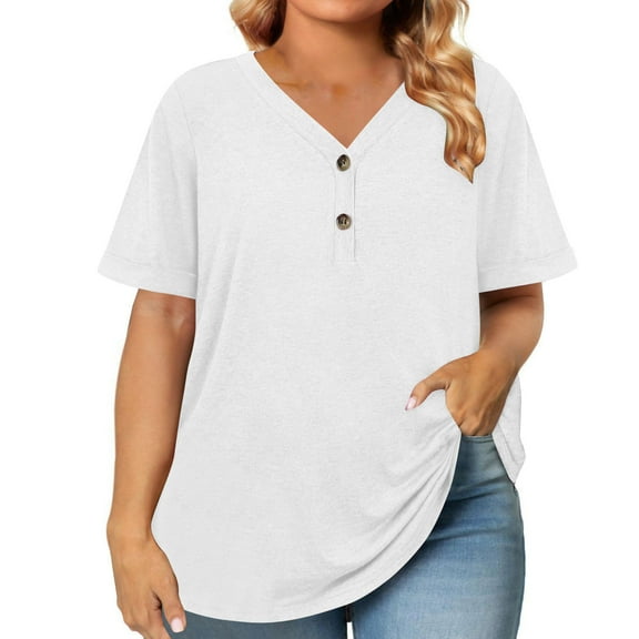 vdgthytj Women's Plus Size Tunic Tops V Neck Button Short Sleeve Shirts Casual Loose Summer Dressy Blouses