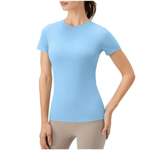 vdgthytj Women's Running Training Tops Summer Short Sleeve Tee Shirt Sports Quick Dry Round Neck Solid Color Slim Blouses