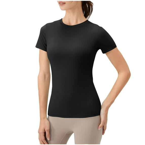 vdgthytj Women's Running Training Tops Summer Short Sleeve Tee Shirt Sports Quick Dry Round Neck Solid Color Slim Blouses