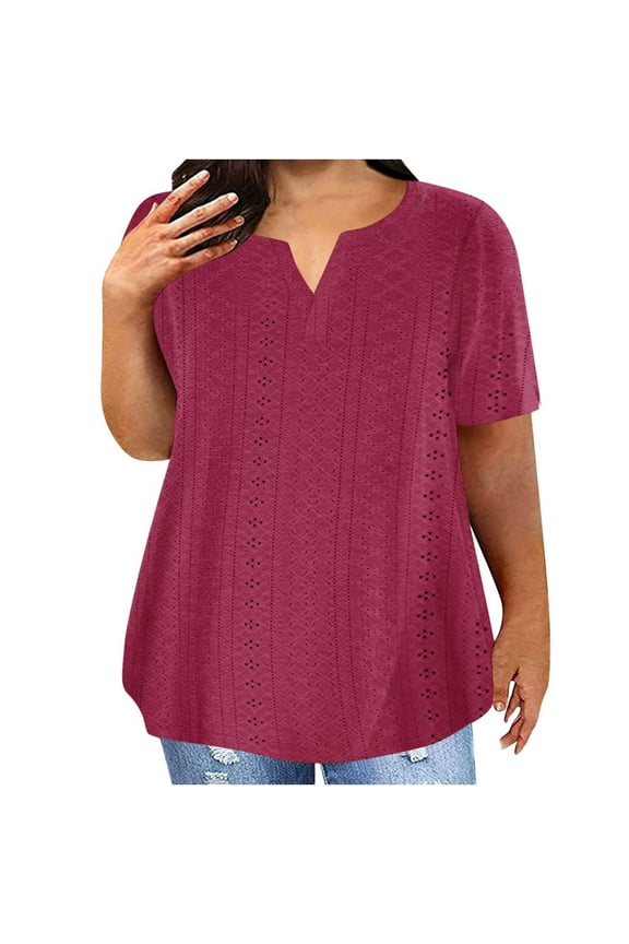 Women's Summer Plus Size Top V Neck Short Sleeve Eyelet Shirts Casual Solid Color Dressy Blouse