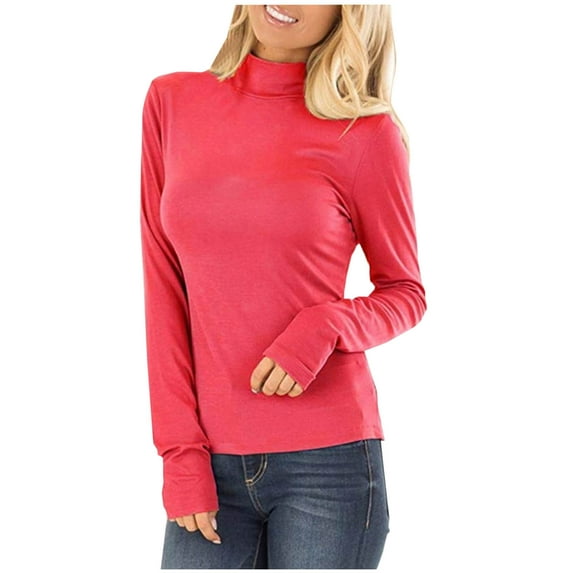 Besolor Women's Turtleneck Shirts Plus Size Long Sleeve Basic Tee Casual Solid Color Fall Layering Tops