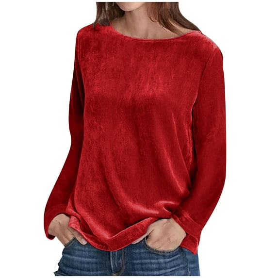 vdgthytj Women's Velvet Long Sleeve Tunic Tops Vintage Crewneck Velour Blouse Casual Solid Color Shirts Tees