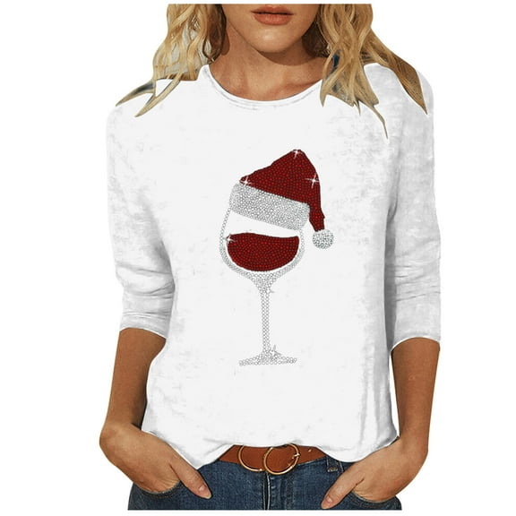 vdgthytj Womens 3/4 Length Sleeve Christmas Shirts Red Wine Glass Xmas Tunic Tops Crew Neck Graphic Tees