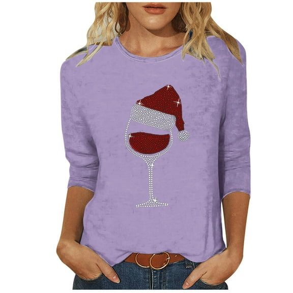 vdgthytj Womens 3/4 Length Sleeve Christmas Shirts Red Wine Glass Xmas Tunic Tops Crew Neck Graphic Tees