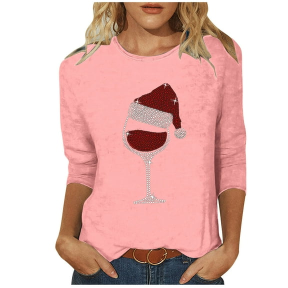 vdgthytj Womens 3/4 Length Sleeve Christmas Shirts Red Wine Glass Xmas Tunic Tops Crew Neck Graphic Tees
