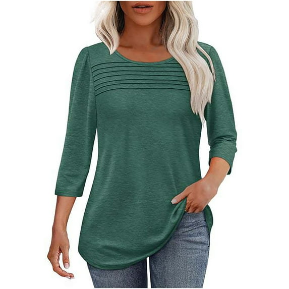 vdgthytj Womens 3/4 Length Sleeve Shirts Crewneck Puls Size Tunic Tops Casual Pleated Going out Dressy Blouses