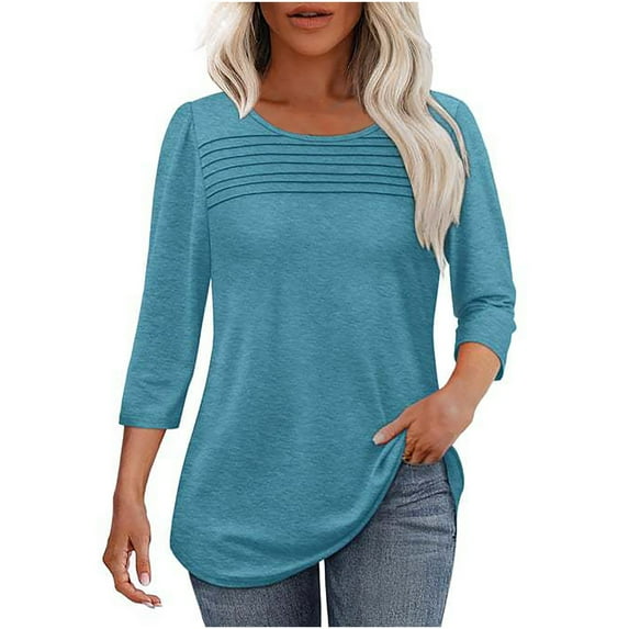 vdgthytj Womens 3/4 Length Sleeve Shirts Crewneck Puls Size Tunic Tops Casual Pleated Going out Dressy Blouses