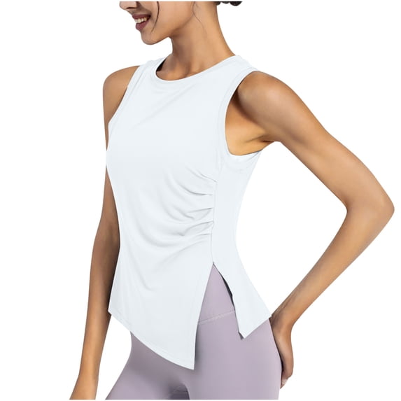 vdgthytj Womens Athletic Tank Tops Summer Crew Neck Solid Color Sleeveless T-Shirts Side Slit Tie Knot Ruched Blouses