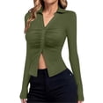 thumbnail image 1 of vdgthytj Womens Button down Shirts V Neck Collared Ruched Slim Fitted Long Sleeve Shirt Casual Fashion Tops, 1 of 7
