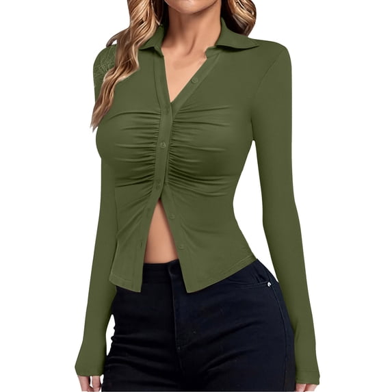 vdgthytj Womens Button down Shirts V Neck Collared Ruched Slim Fitted Long Sleeve Shirt Casual Fashion Tops