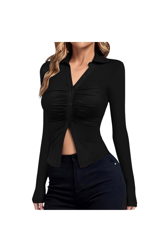 Womens Button down Shirts V Neck Collared Ruched Slim Fitted Long Sleeve Shirt Casual Fashion Tops
