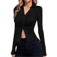 thumbnail image 1 of vdgthytj Womens Button down Shirts V Neck Collared Ruched Slim Fitted Long Sleeve Shirt Casual Fashion Tops, 1 of 7