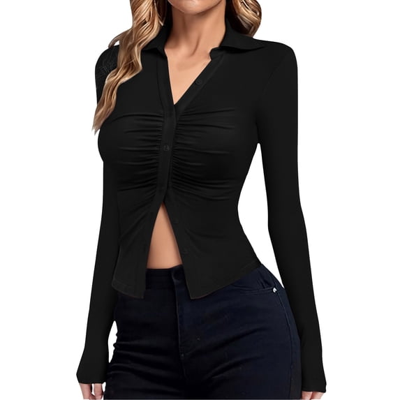 vdgthytj Womens Button down Shirts V Neck Collared Ruched Slim Fitted Long Sleeve Shirt Casual Fashion Tops
