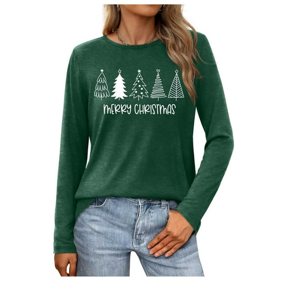 vdgthytj Womens Christmas Shirts Crewneck Long Sleeve Funny Graphic Holiday Xmas Plus Size Tops Fall Clothes