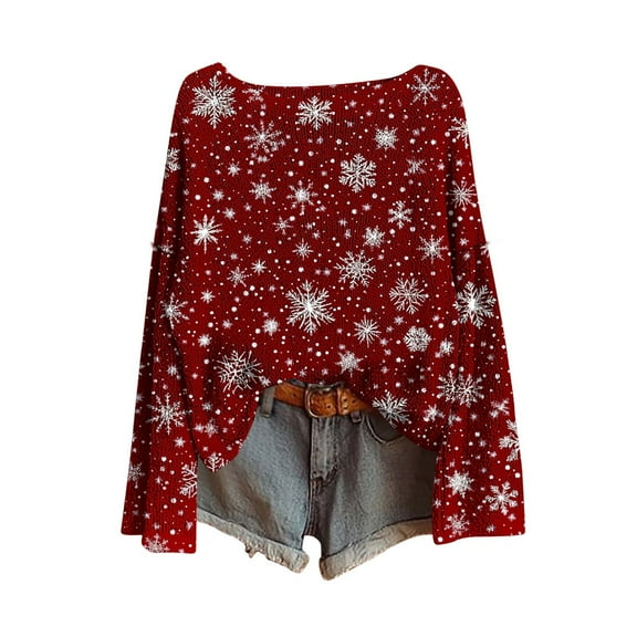 vdgthytj Womens Christmas Tops Casual Loose Crewneck Long Sleeve Graphic Holiday Xmas Pullover Blouse Fall Clothes