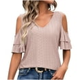 thumbnail image 1 of vdgthytj Womens Cold Shoulder Tops Summer Eyelet Hollow out V Neck Short Sleeve Shirts Trendy Going out Tunic Blouses, 1 of 5
