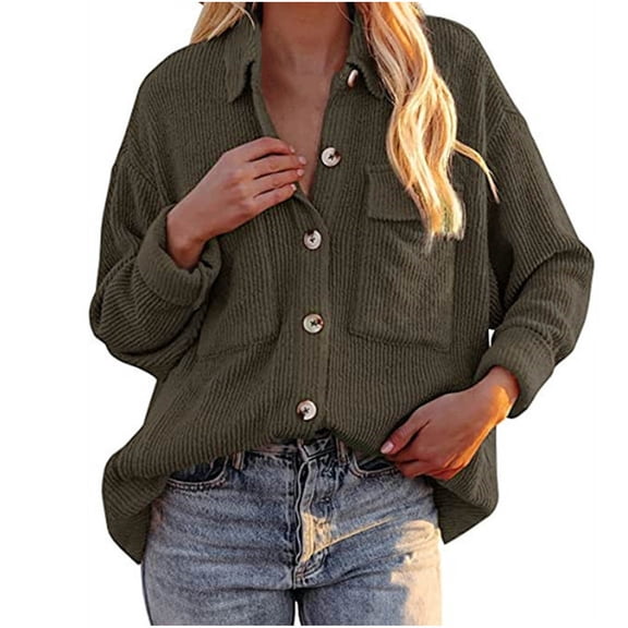 vdgthytj Womens Corduroy Shacket Button down Long Sleeves Lapel Shirt Coat Casual Solid Color Jacket with Pocket