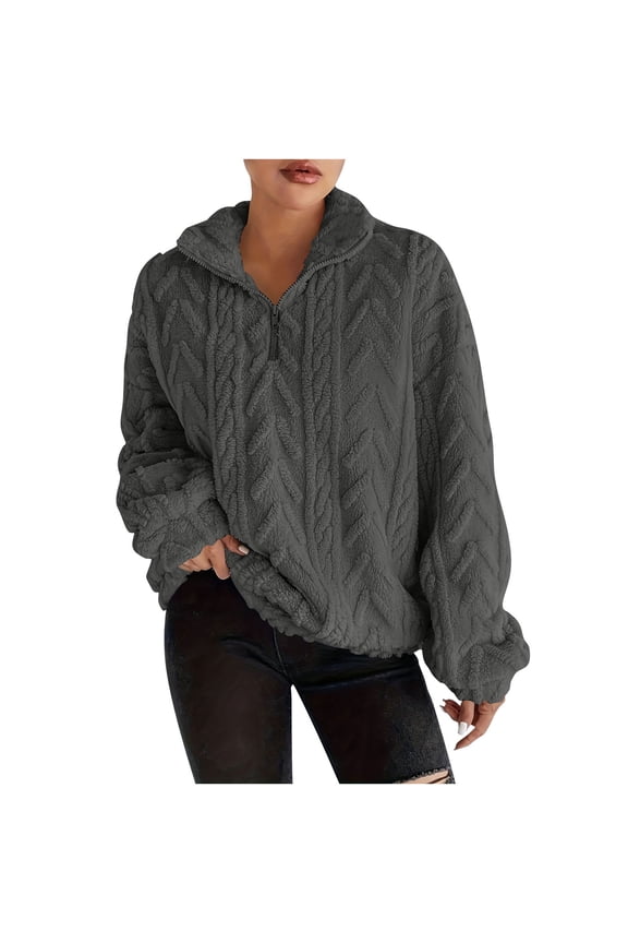 Womens Fuzzy Fleece Sweatshirt Quarter Zip Long Sleeve Cozy Pullover Tops Warm Winter Clothes