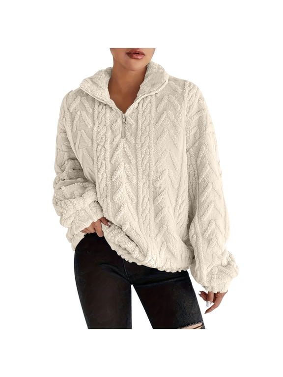 Womens Fuzzy Fleece Sweatshirt Quarter Zip Long Sleeve Cozy Pullover Tops Warm Winter Clothes
