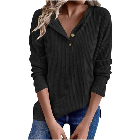 Besolor Womens Long Sleeve Shirts Ribbed Crewneck Button Pullover Tops Solid Color Casual Going out Dressy Blouses
