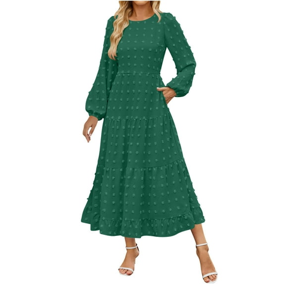 vdgthytj Womens Long Sleeves Maxi Dress Casual Round Neck Dot Pleated Elegant Flowy Ruffle Hem Solid Color Dresses