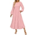 thumbnail image 1 of vdgthytj Womens Long Sleeves Maxi Dress Casual Round Neck Dot Pleated Elegant Flowy Ruffle Hem Solid Color Dresses, 1 of 6